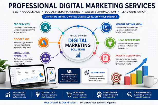 Professional digital marketing services including SEO Google Ads social media marketing website optimization and lead generation