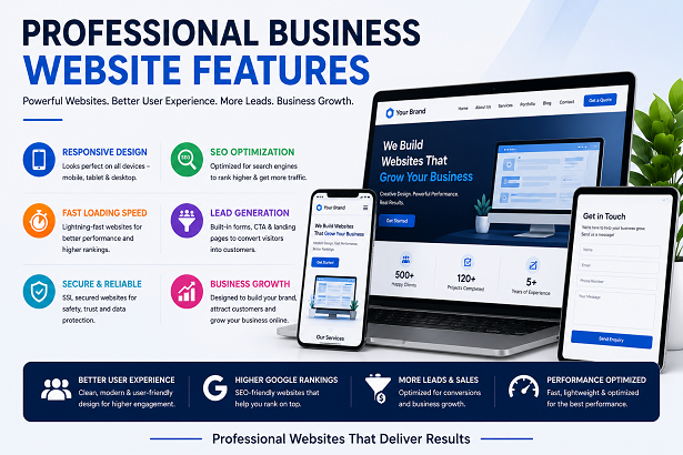 Professional business website features including responsive design, SEO optimization, fast loading speed and lead generation
