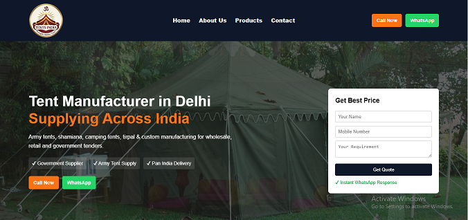 Tents Manfacturing Business Website