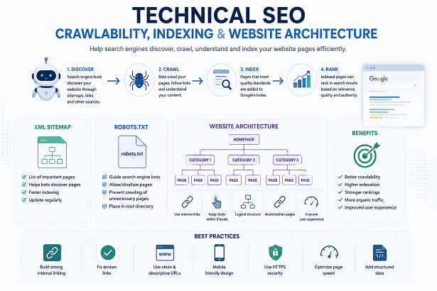 Technical SEO crawlability indexing sitemap robots txt website architecture