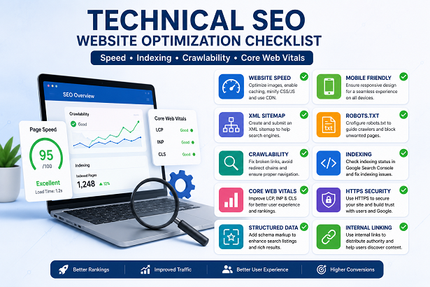 Technical SEO website optimization checklist including speed, indexing, crawlability and Core Web Vitals