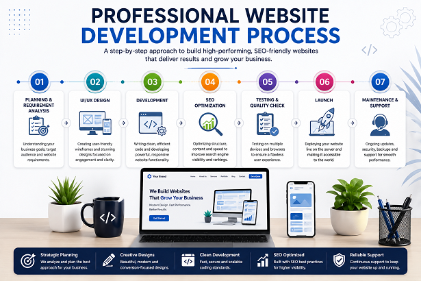 Professional website development process including planning, UI UX design, development, SEO optimization, testing and website launch